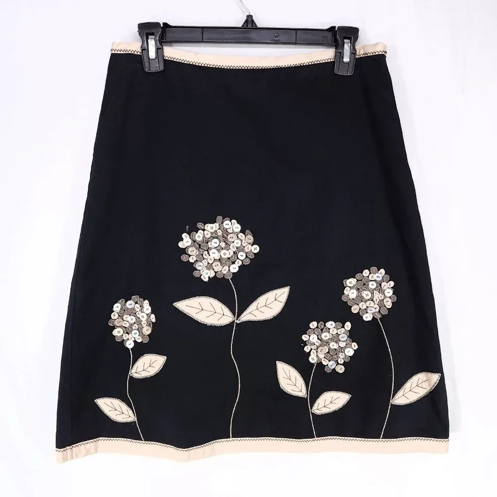 Boden A-Line Skirt 10UK (6US) Applique Button Flowers Detail Black Beige Trim
